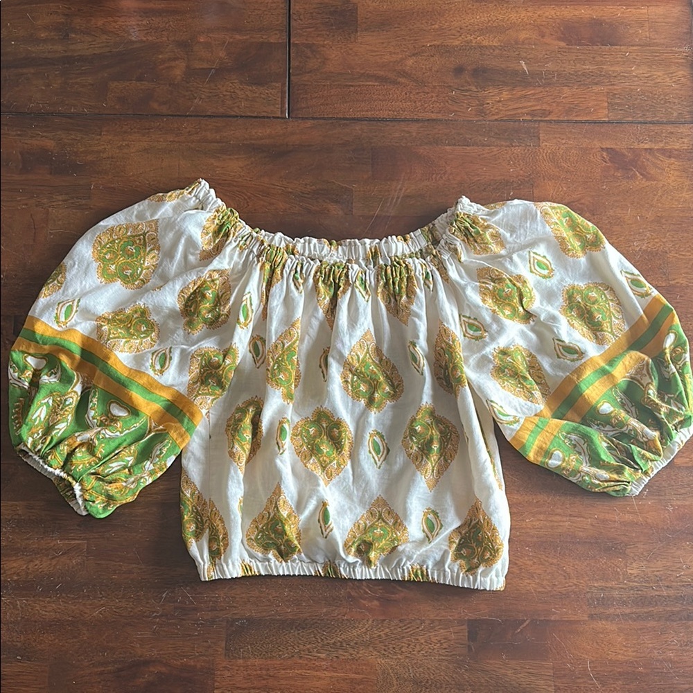 Haute Hippie Puff Sleeve Off-Shoulder Paisley Top Small Boho Chic Hippie Linen